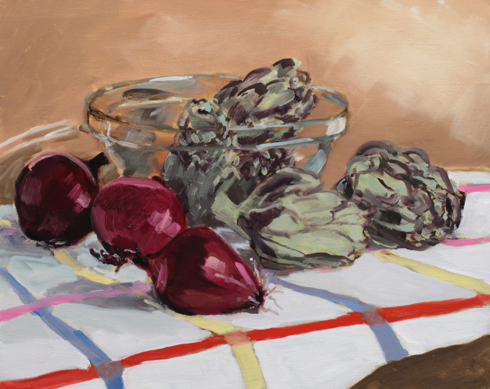 Nature morte artichauts et oignons rouges oil painting PBenet
