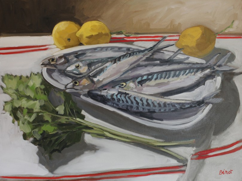 Nature morte maquereaux citrons peinture à l'huile PBenet